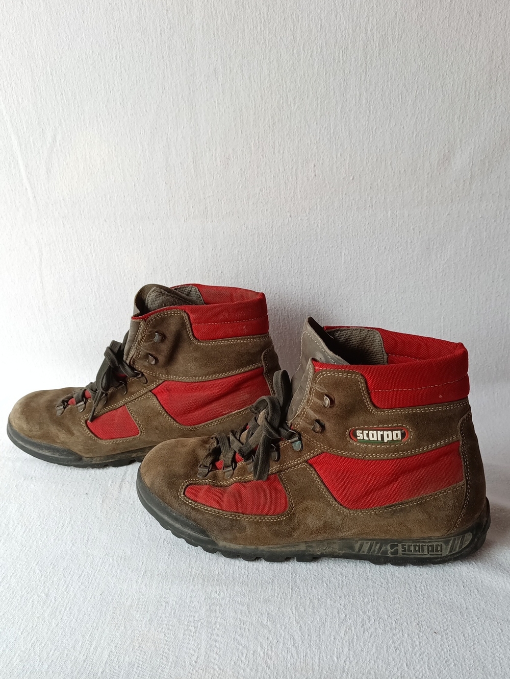 Vintage Scarpa Brown Suede and Red Canvas Hiking Boots